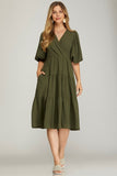 BALLOON SLEEVE WOVEN TIERED WRAP DRESS