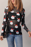 Christmas Santa Print Mesh Long Sleeve Top | S-XL