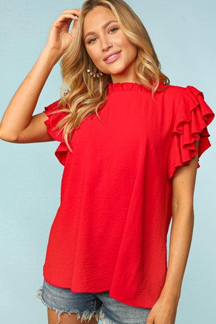 Plus Ruffle Shoulder Red Blouse