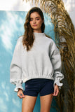 IT2995 Ruffled cuff Detail Mock-neck Crop Terry Sweatshirt