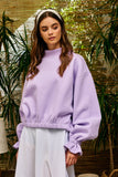 IT2995 Ruffled cuff Detail Mock-neck Crop Terry Sweatshirt
