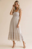 Smocked Tie Bow Strap Babydoll Maxi Dress