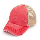 C.C Washed Denim with Crossed Elastic Band Mesh Pony Cap