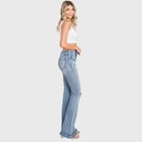P586MF-MD MID RISE STRETCH FLARE JEANWITH FRAYED TROUSER HEM