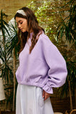 IT2995 Ruffled cuff Detail Mock-neck Crop Terry Sweatshirt