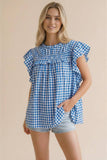 Frilled Mock Neck Shirred Yoke Gingham Blouse
