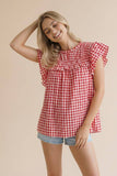 Frilled Mock Neck Shirred Yoke Gingham Blouse