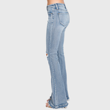 P586MF-MD MID RISE STRETCH FLARE JEANWITH FRAYED TROUSER HEM