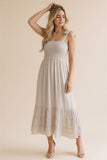 Smocked Tie Bow Strap Babydoll Maxi Dress
