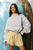 IT2995 Ruffled cuff Detail Mock-neck Crop Terry Sweatshirt