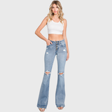 P586MF-MD MID RISE STRETCH FLARE JEANWITH FRAYED TROUSER HEM