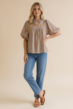 Notch Neck Bubble Sleeve Bohemian Blouse