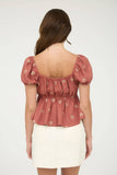 EMBROIDERED DAISY PUFF SLEEVE PLEATED BLOUSE