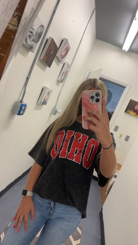 washed Black Distressed Block OHIO Tee