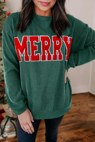 Ribbed Merry Letter Christmas Graphic Top | S-4X