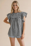 Frilled Mock Neck Shirred Yoke Gingham Blouse