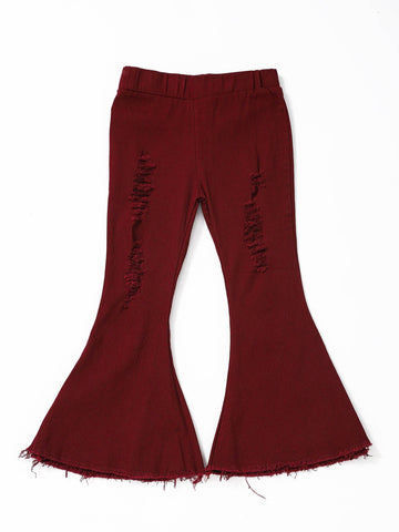 Youth Maroon Distressed Girls Flare Jeans