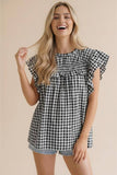 Frilled Mock Neck Shirred Yoke Gingham Blouse