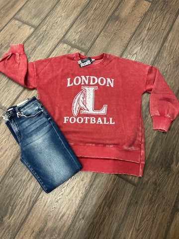 L Football Red Acid Wash Pocket Crewneck