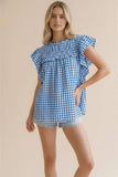 Frilled Mock Neck Shirred Yoke Gingham Blouse