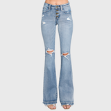 P586MF-MD MID RISE STRETCH FLARE JEANWITH FRAYED TROUSER HEM