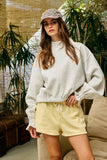 IT2995 Ruffled cuff Detail Mock-neck Crop Terry Sweatshirt