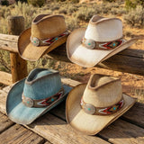 Turquoise Concho Beaded Band Vintage Western Straw CowboyHat
