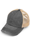 C.C Washed Denim with Crossed Elastic Band Mesh Pony Cap
