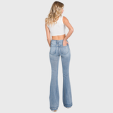 P586MF-MD MID RISE STRETCH FLARE JEANWITH FRAYED TROUSER HEM