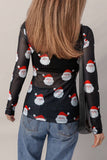 Christmas Santa Print Mesh Long Sleeve Top | S-XL