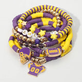7PCS - Football Charm Star GAME DAY Message Heishi Beaded Stretch Multi Layered Bracelets