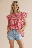 Frilled Mock Neck Shirred Yoke Gingham Blouse