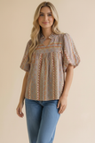 Notch Neck Bubble Sleeve Bohemian Blouse