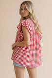 Frilled Mock Neck Shirred Yoke Gingham Blouse