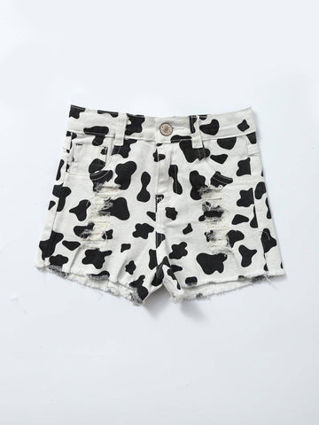 Youth Girls Cow Print Denim Shorts