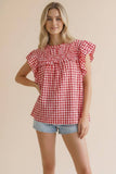 Frilled Mock Neck Shirred Yoke Gingham Blouse