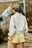 IT2995 Ruffled cuff Detail Mock-neck Crop Terry Sweatshirt