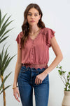SCALLOP LACE TRIM BACK TIE SHORT SLEEVE CROP TOP