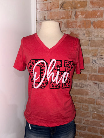 Leopard OH Script Ohio V-neck Tee