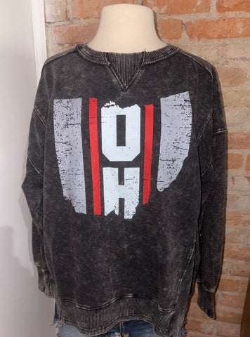 Acid Wash Distressed Block State OH Crewneck