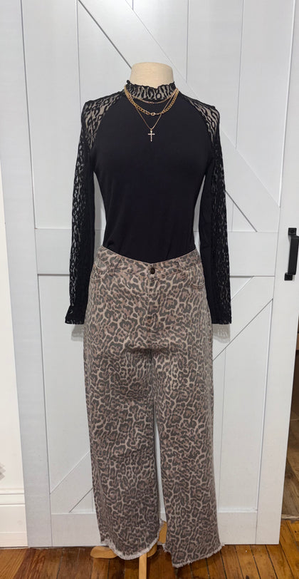 Leopard Frayed Edge Wide Leg High Waist Jeans