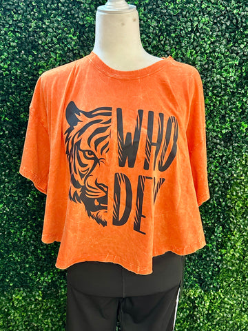 Acid wash tiger crop top