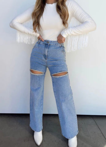 Washed Denim Cut Out Front Rhinestone Studded Back Heart Jeans
