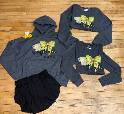 Softball Mama Bow Long Sleeve Tee/Hoodie/Crewneck