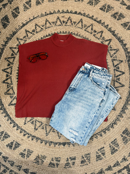 Viscose Mock Neck Short Sleeve Boxy Sweater