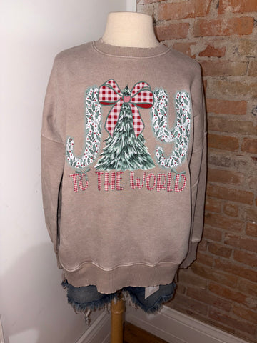 Joy To The World Tree and Bow Acid Wash Pocket Crewneck