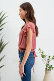 SCALLOP LACE TRIM BACK TIE SHORT SLEEVE CROP TOP