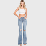 P586MF-MD MID RISE STRETCH FLARE JEANWITH FRAYED TROUSER HEM