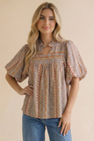 Notch Neck Bubble Sleeve Bohemian Blouse