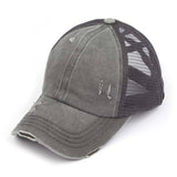C.C Washed Denim with Crossed Elastic Band Mesh Pony Cap